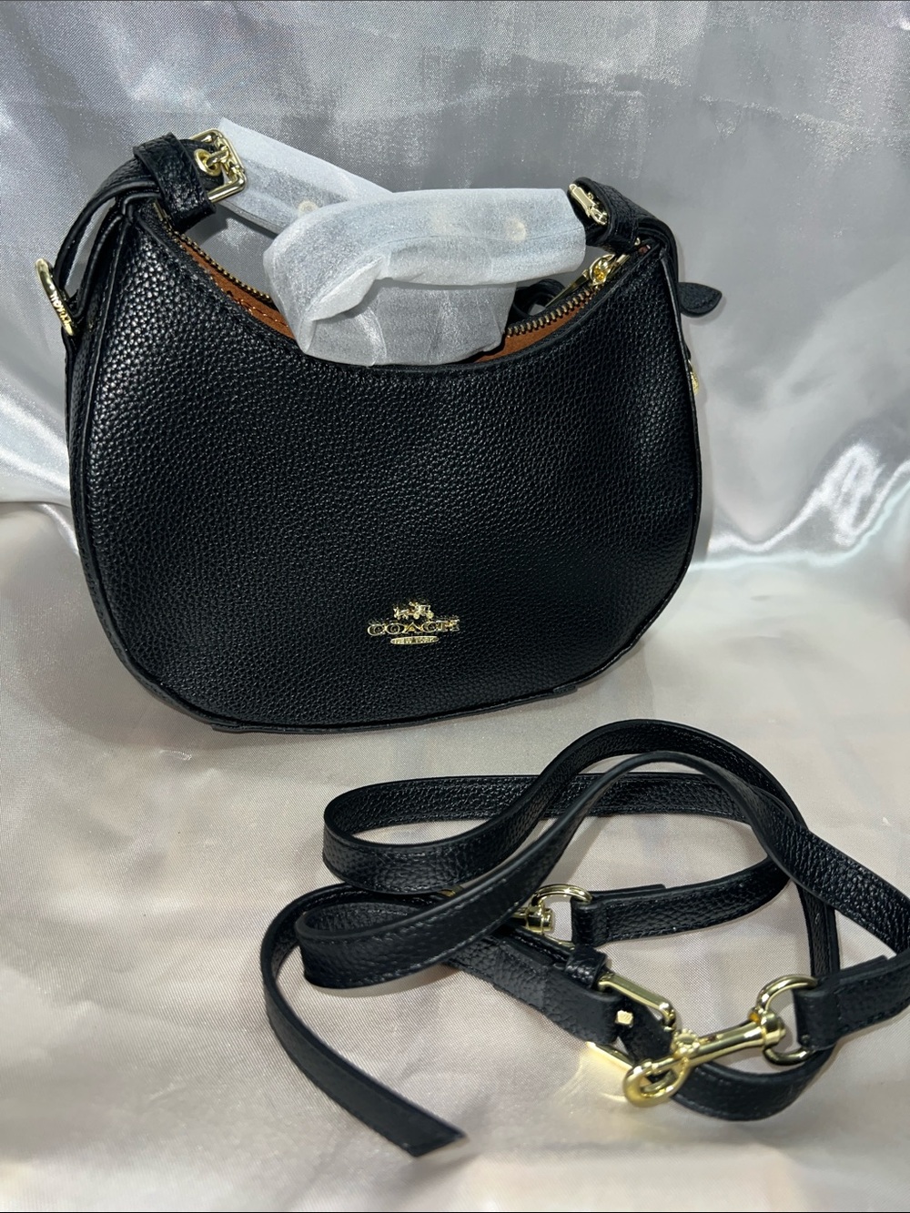 Black Pebbled Leather Crescent Crossbody with Gold Hardware